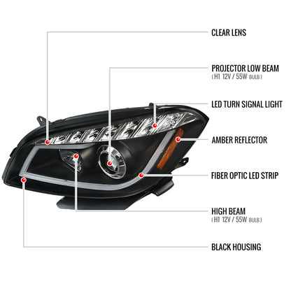2008-2012 Chevrolet Malibu LS LT LTZ Hybrid LED Bar Projector Headlights w/ LED Turn Signal Lights (Matte Black Housing/Clear Lens)