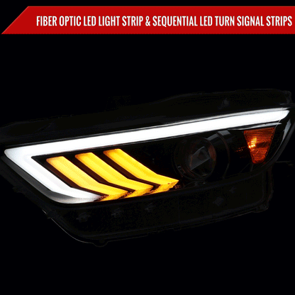 2015-2017 Ford Mustang HID-Type  LED Sequential Turn Signal Projector Headlights (Glossy Black Housing/Smoked Lens)