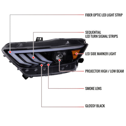 2015-2017 Ford Mustang HID-Type  LED Sequential Turn Signal Projector Headlights (Glossy Black Housing/Smoked Lens)