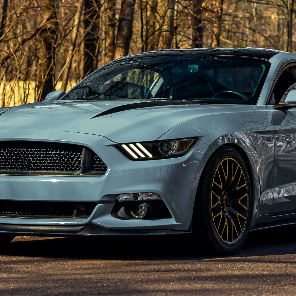 2015-2017 Ford Mustang HID/Xenon Switchback Sequential LED Turn Signal Projector Headlights (Matte Black Housing/Smoked Lens)