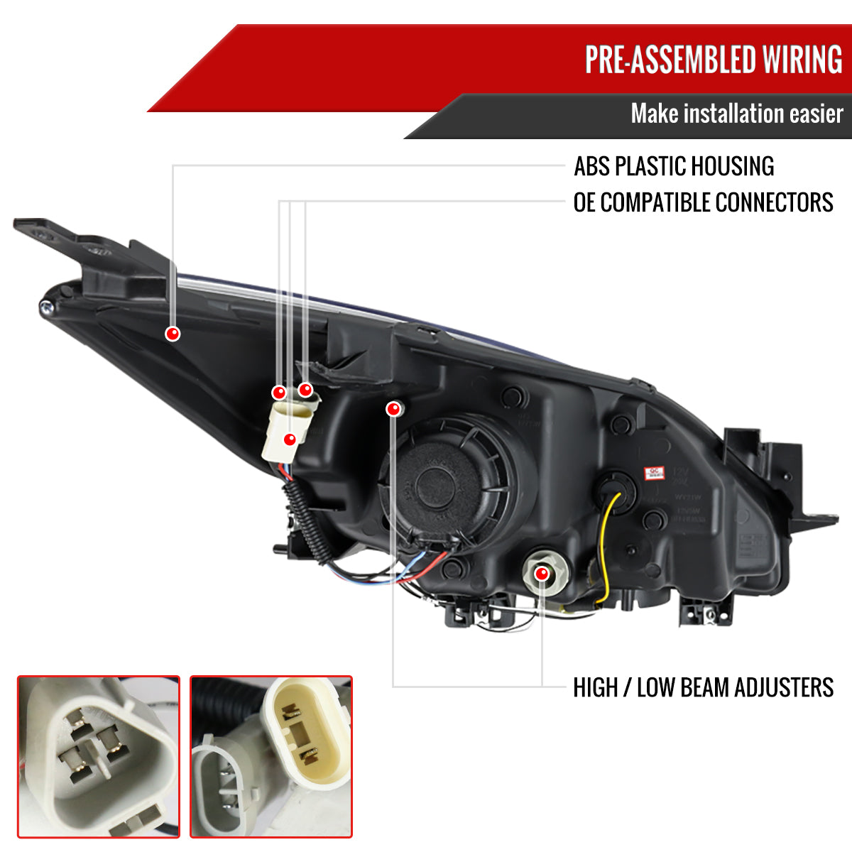 2010-2013 Mazda 3 Projector Headlights w/ LED Light Strip (Glossy Black Housing/Smoked Lens)