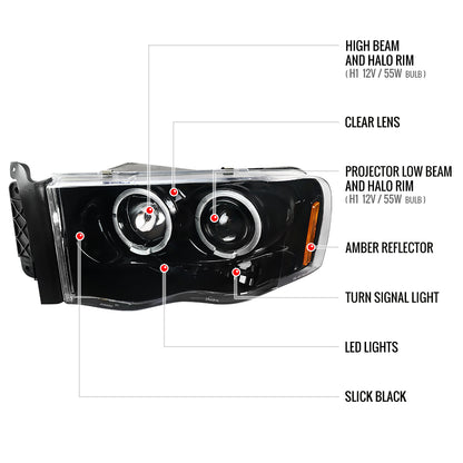 2002-2005 Dodge RAM 1500/ 2003-2005 RAM 2500 3500 Dual Halo Projector Headlights (Jet Black Housing/Clear Lens)