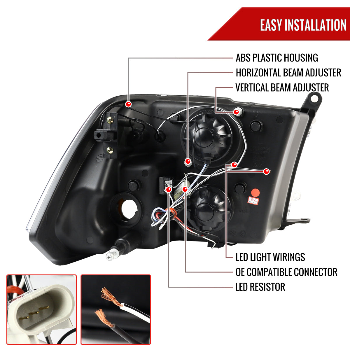 2009-2018 Dodge RAM 1500 / 2019-2021 RAM Classic / 2010-2018 RAM 2500 3500 Dual Halo Projector Headlights (Jet Black Housing/Clear Lens)