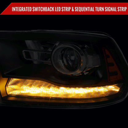 2009-2018 Dodge RAM 1500 / 2019-2021 RAM Classic / 2010-2018 RAM 2500 3500 Switchback Sequential LED Bar Projector Headlights (Matte Black Housing/Clear Lens)