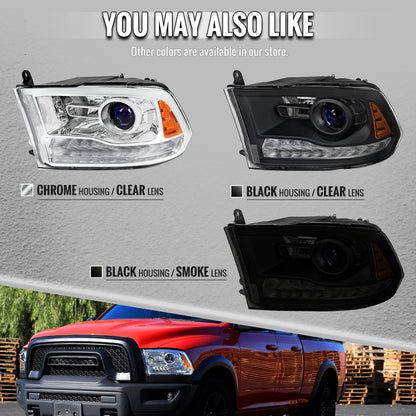 2013-2018 Ram 1500 2500 3500 Sequential LED Bar Signal Projector Headlights (Matte Black Housing/Clear Lens)