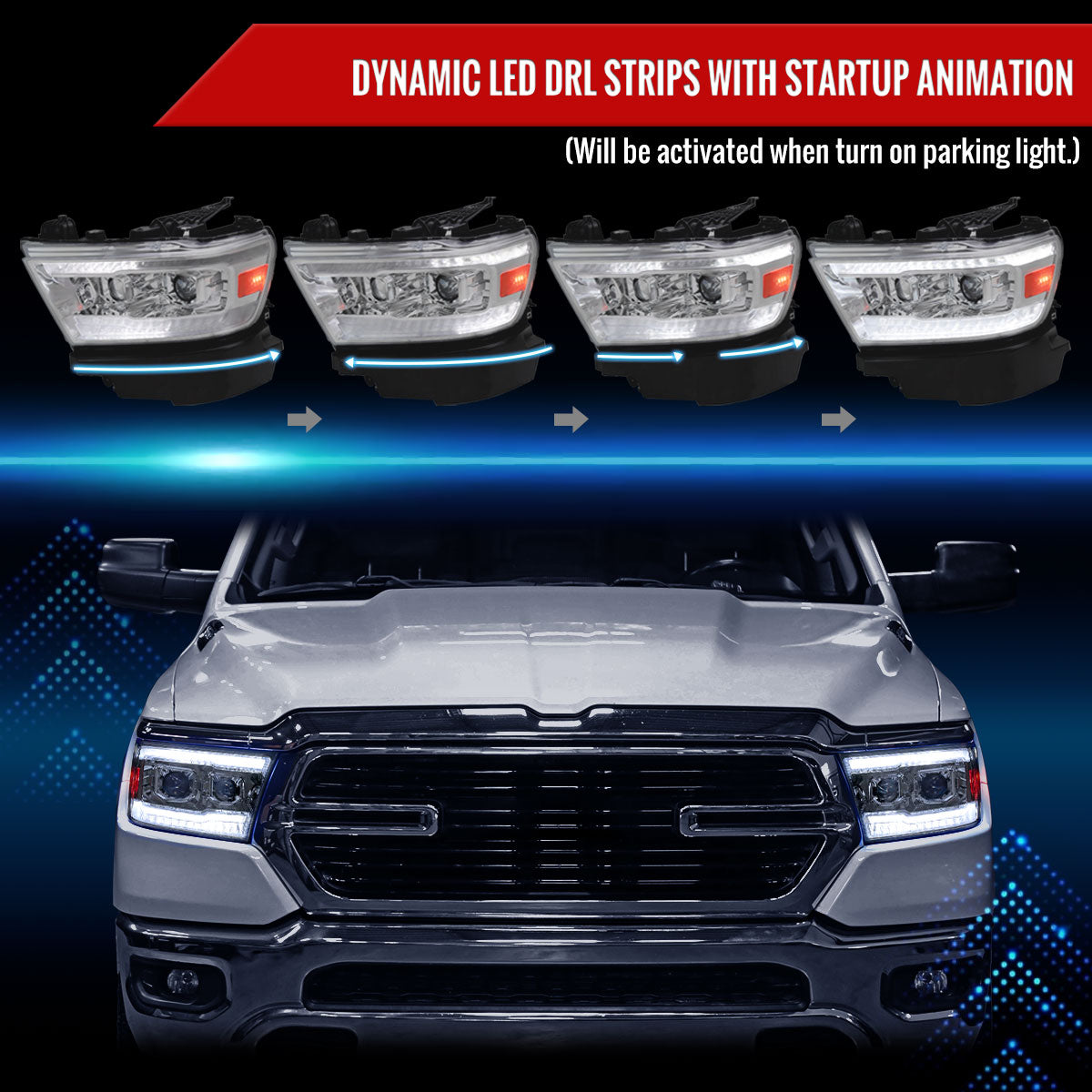 2019-2024 Dodge RAM 1500 Switchback Sequential LED Turn Signal Projector Headlights (Chrome Housing/Clear Lens)