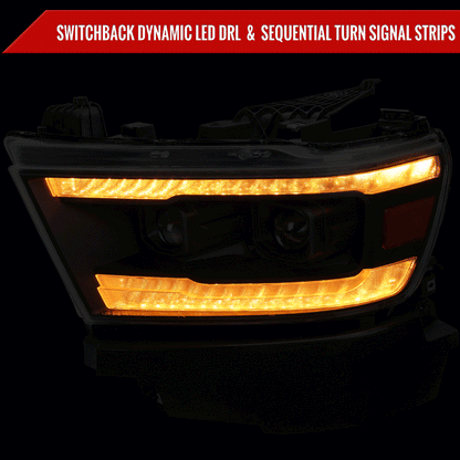 2019-2024 Dodge RAM 1500 Switchback Sequential LED Turn Signal Projector Headlights (Matte Black Housing/Clear Lens)
