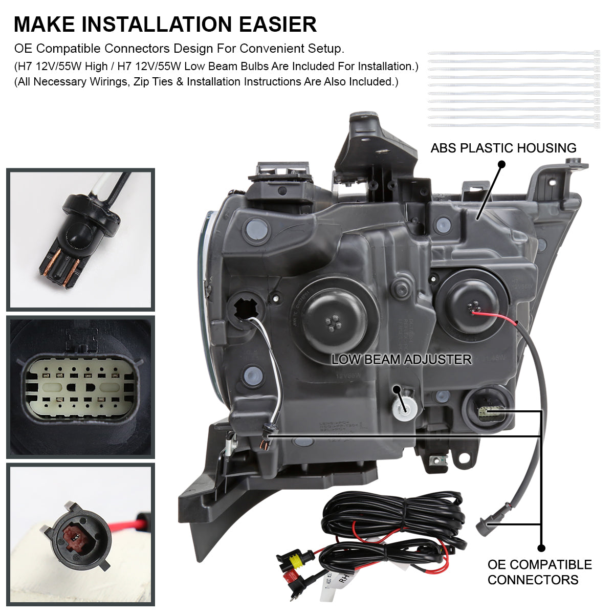 2019-2024 Dodge RAM 1500 Switchback Sequential LED Turn Signal Projector Headlights (White Housing/Clear Lens)