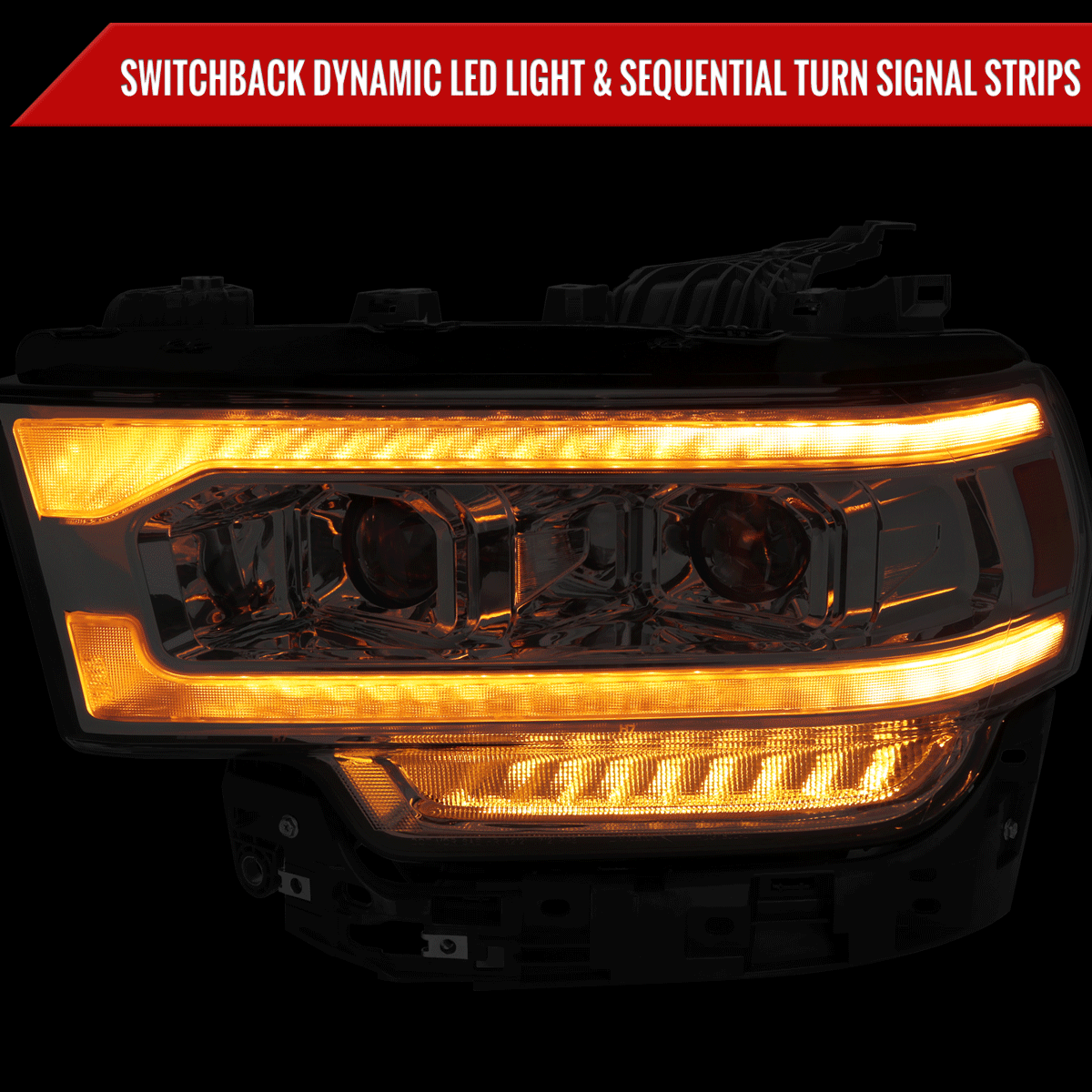 2019-2024 Dodge RAM 2500/3500/4500/5500 Switchback Sequential LED Turn Signal Projector Headlights (Matte Black Housing/Clear Lens)