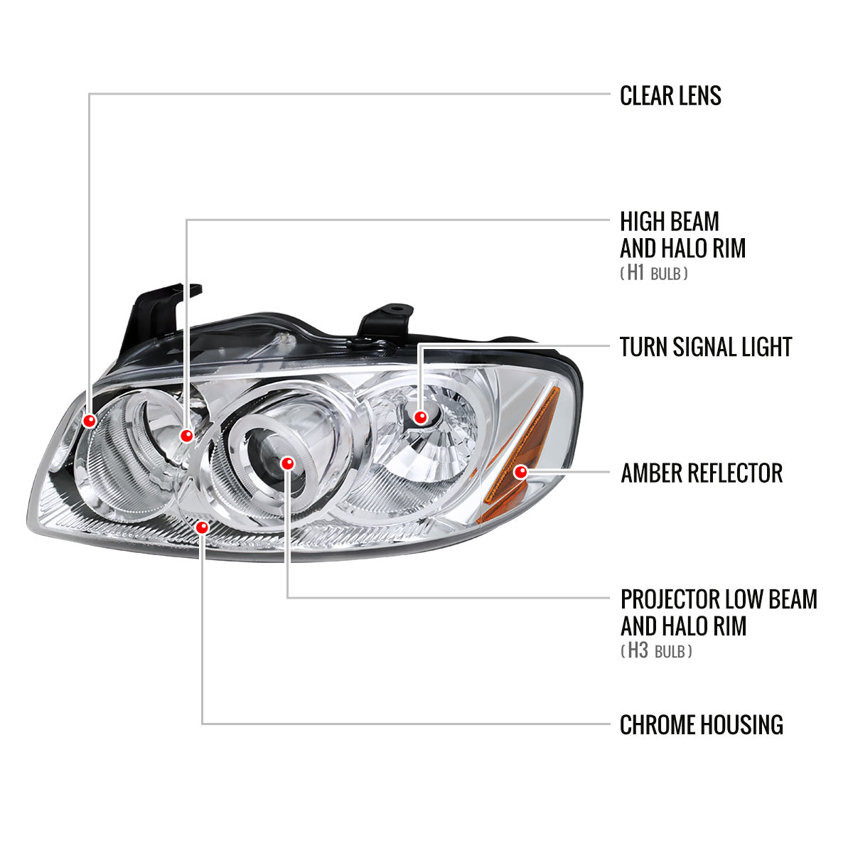 2004-2006 Nissan Sentra Dual Halo Projector Headlights (Chrome Housing/Clear Lens)