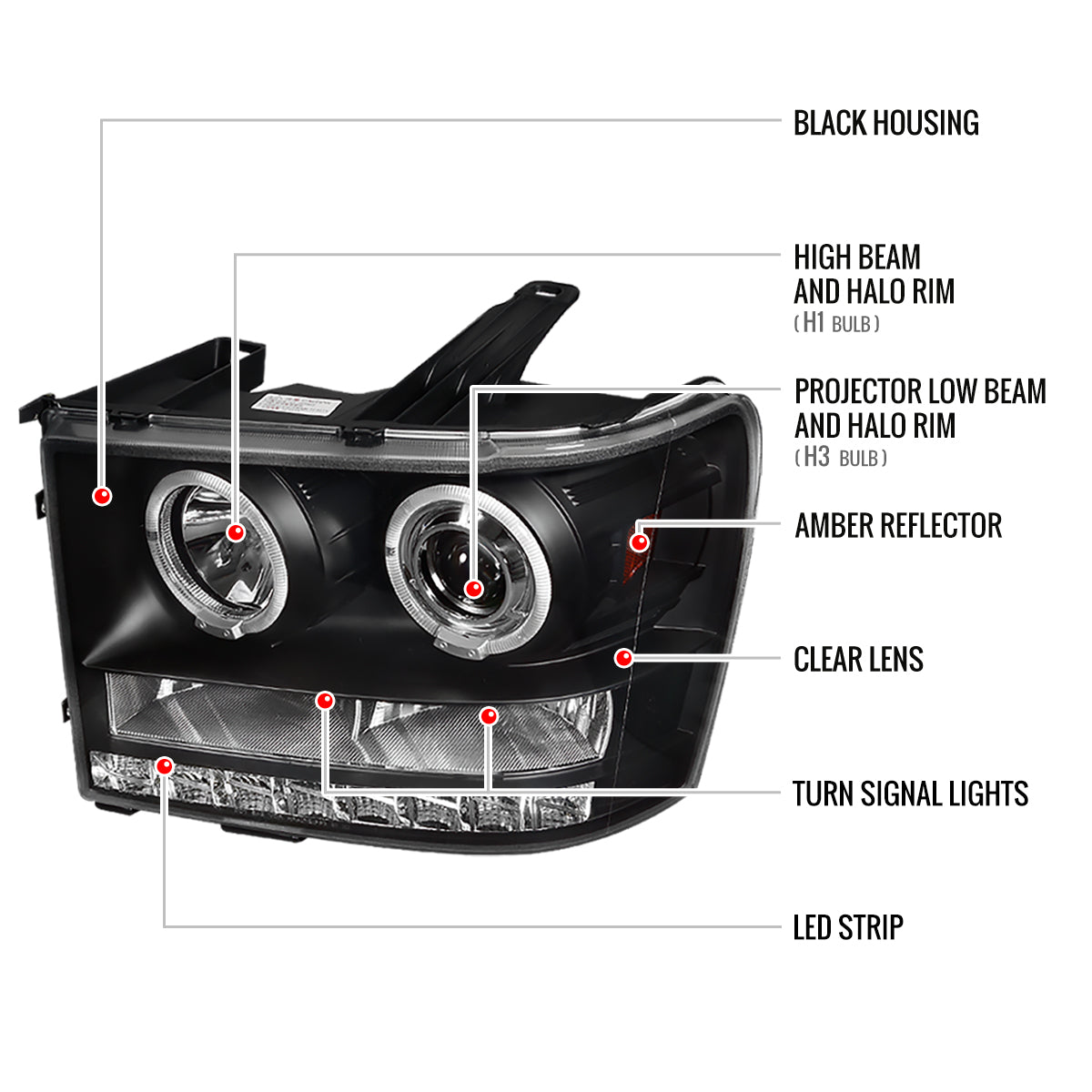 2007-2014 GMC Sierra SMD Dual Halo Projector Headlights (Matte Black Housing/Clear Lens)