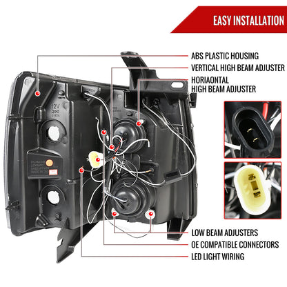 2007-2013 Chevrolet Silverado 1500/ 2007-2014 Silverado 2500HD 3500HD Dual Halo Projector Headlights (Matte Black Housing/Clear Lens)