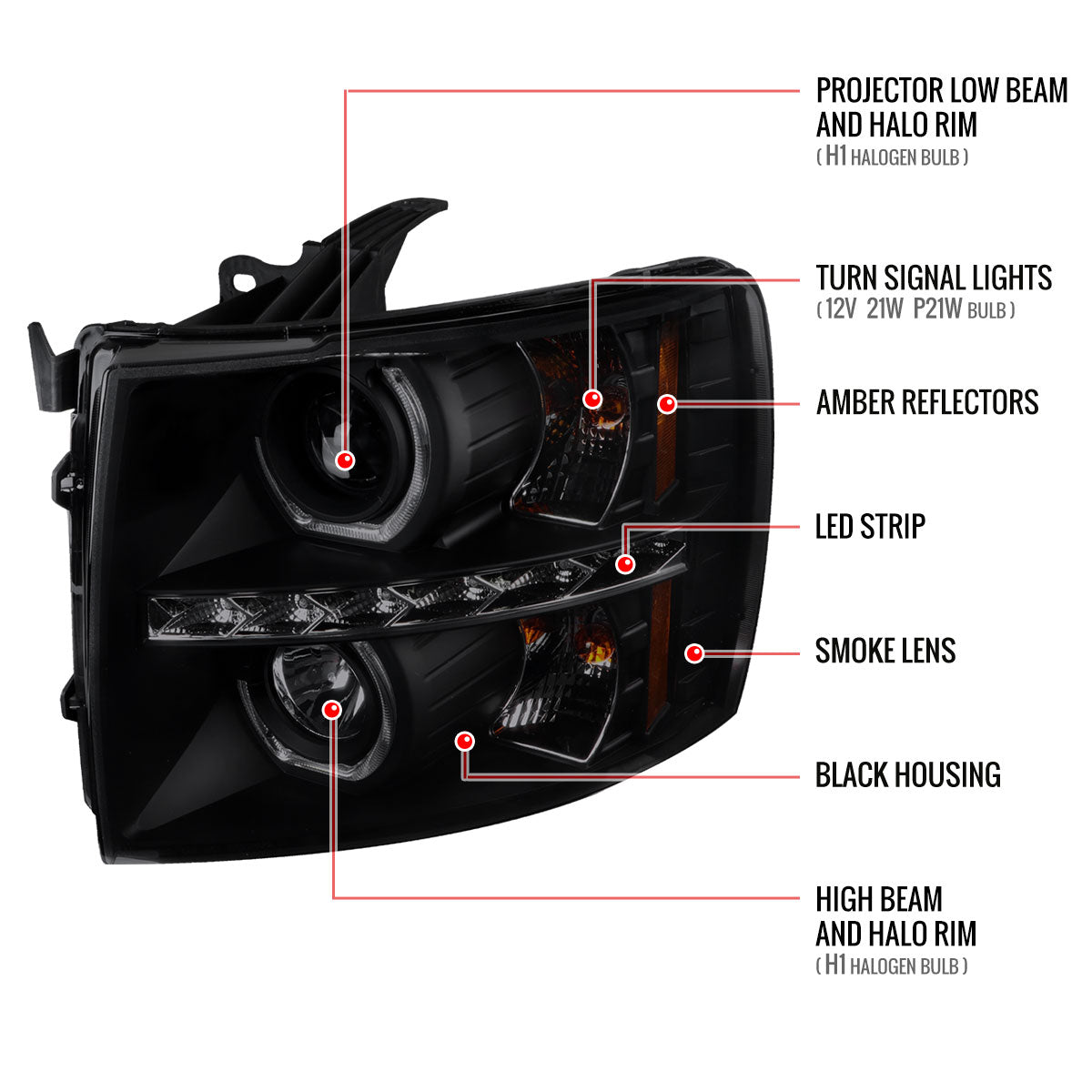 2007-2013 Chevrolet Silverado 1500/ 2007-2014 Silverado 2500HD 3500HD Dual U-Ring Halo Projector Headlights w/ LED Light Strip (Matte Black Housing/Smoked Lens)
