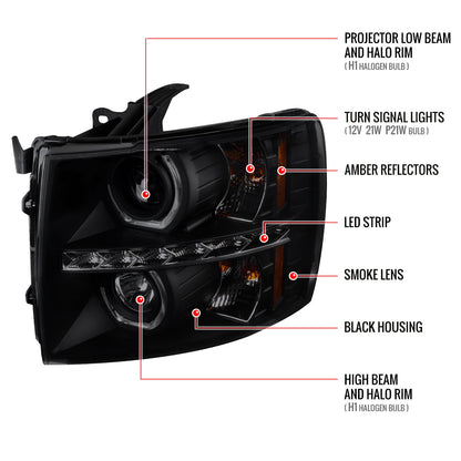 2007-2013 Chevrolet Silverado 1500/ 2007-2014 Silverado 2500HD 3500HD Dual U-Ring Halo Projector Headlights w/ LED Light Strip (Matte Black Housing/Smoked Lens)