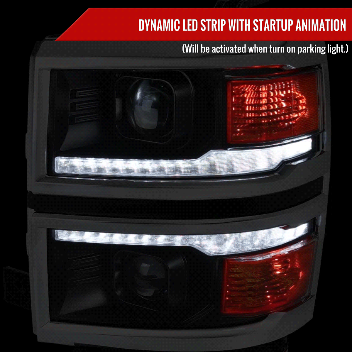 2014-2015 Chevrolet Silverado 1500 Switchback Sequential LED Bar Projector Headlights (Matte Black Housing/Clear Lens/Chrome Trim)