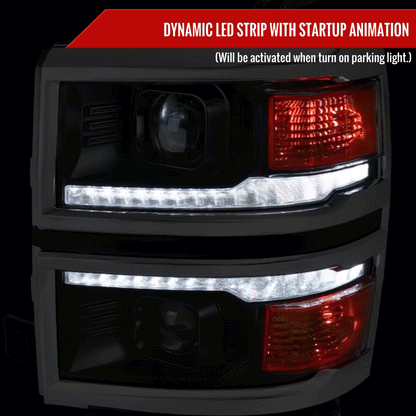 2014-2015 Chevrolet Silverado 1500 Switchback Sequential LED Bar Projector Headlights (Matte Black Housing/Clear Lens/Chrome Trim)