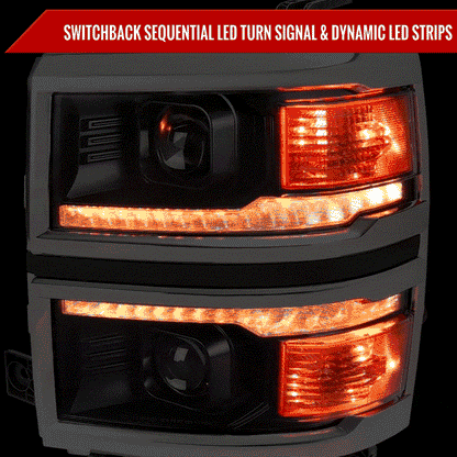 2014-2015 Chevrolet Silverado 1500 Switchback Sequential LED Bar Projector Headlights (Matte Black Housing/Smoked Lens/Chrome Trim)