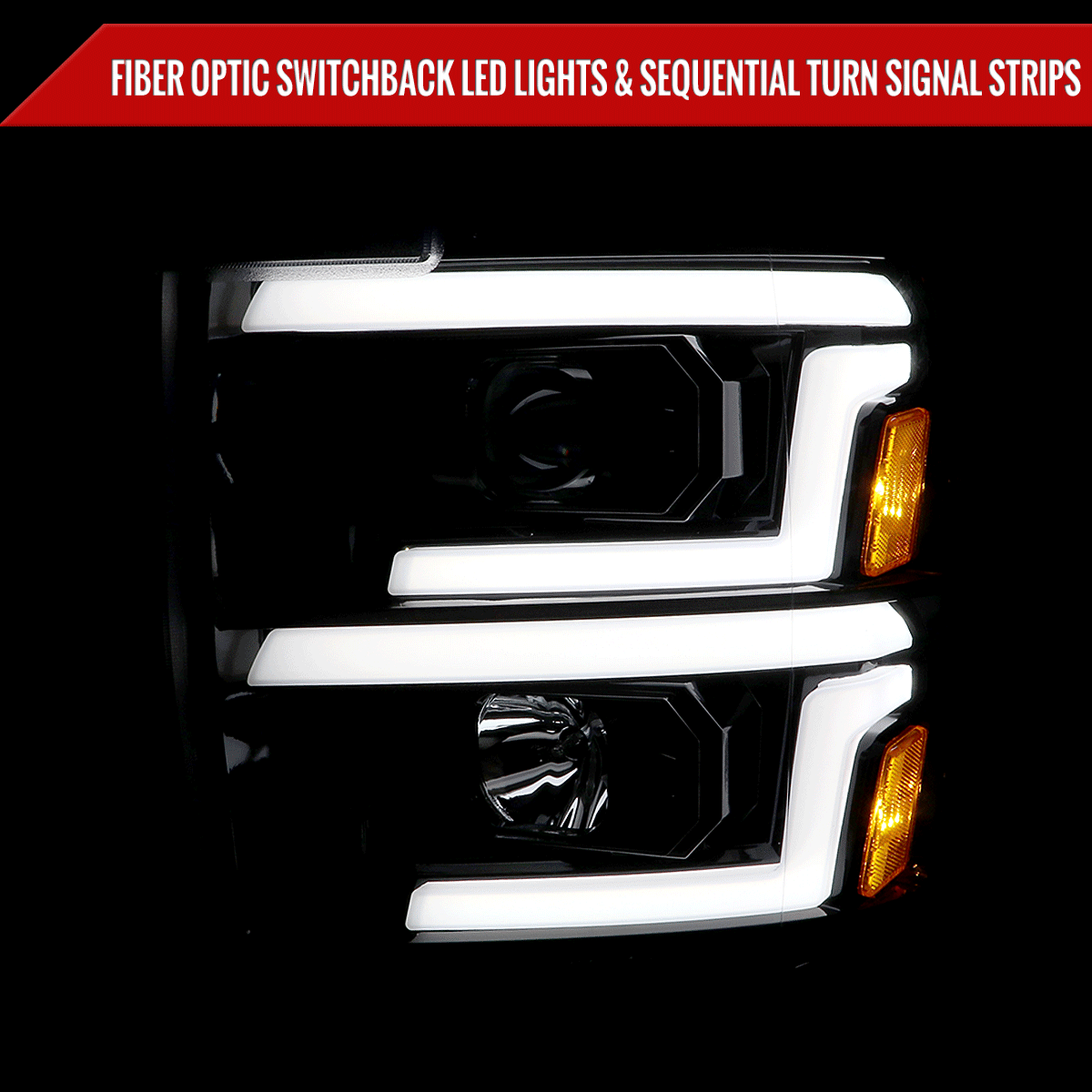 2015-2019 Chevrolet Silverado 2500HD/3500HD Switchback Sequential LED Turn Signal Projector Headlights (Chrome Housing/Clear Lens)