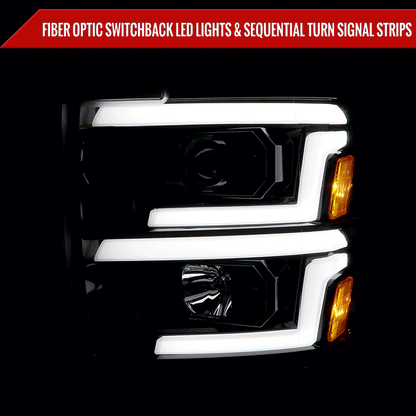 2015-2019 Chevrolet Silverado 2500HD/3500HD Switchback Sequential LED Turn Signal Projector Headlights (Chrome Housing/Clear Lens)