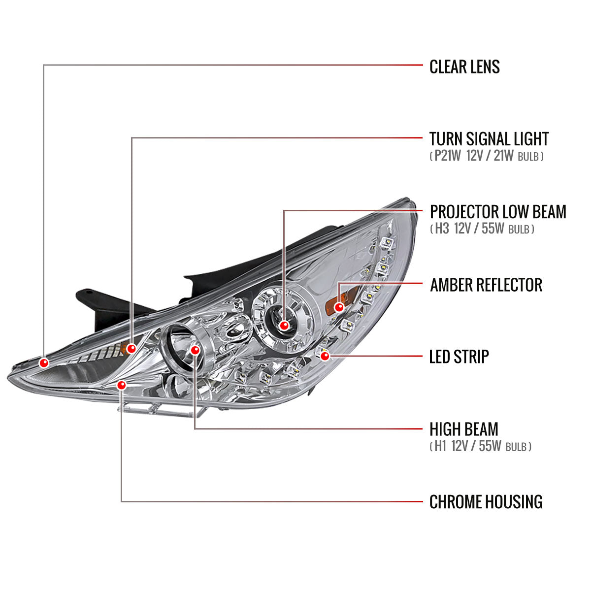 2011-2014 Hyundai Sonata Projector Headlights w/ SMD LED Light Strip (Chrome Housing/Clear Lens)