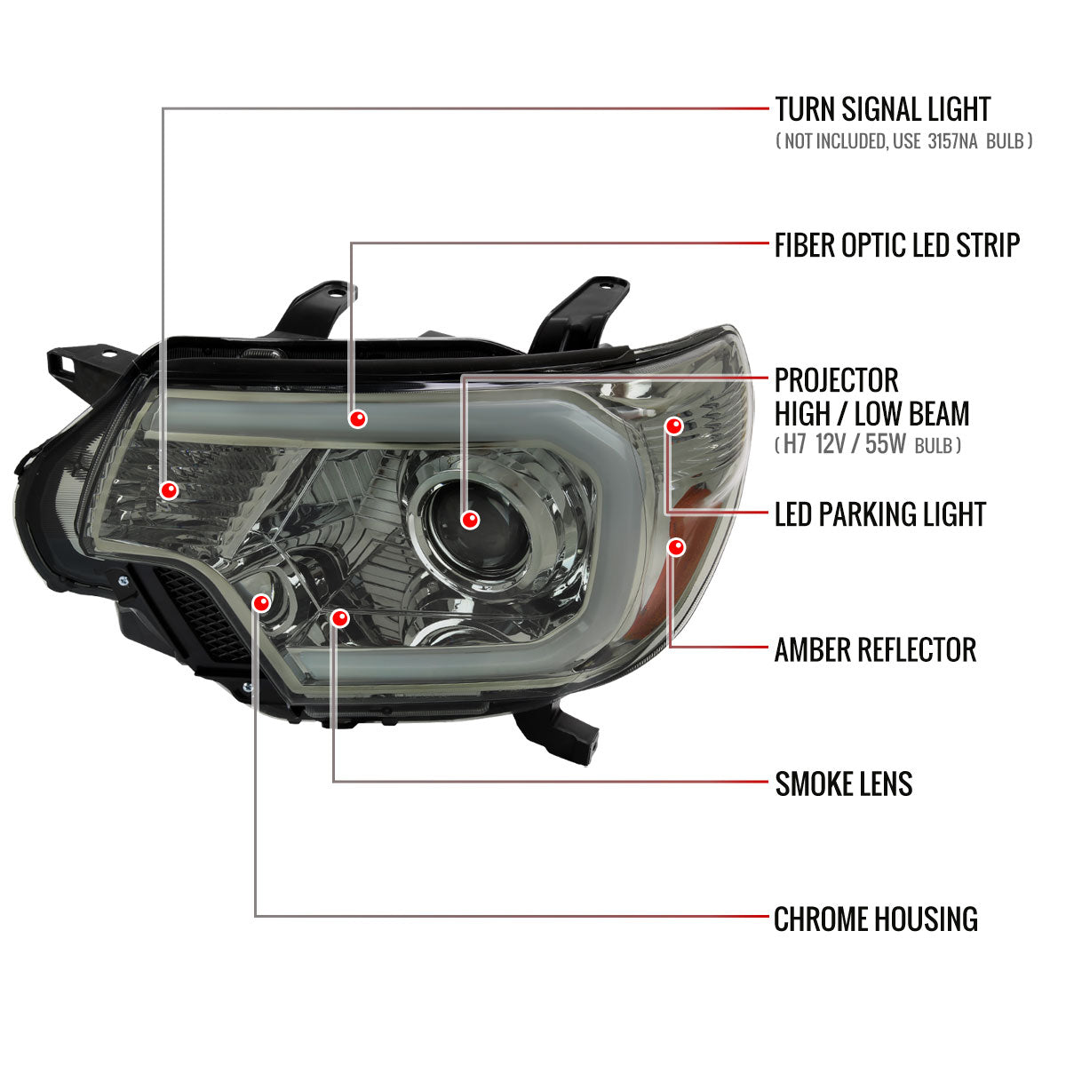 2012-2015 Toyota Tacoma LED C-Bar Projector Headlights w/ LED Parking Light (Chrome Housing/Smoked Lens)