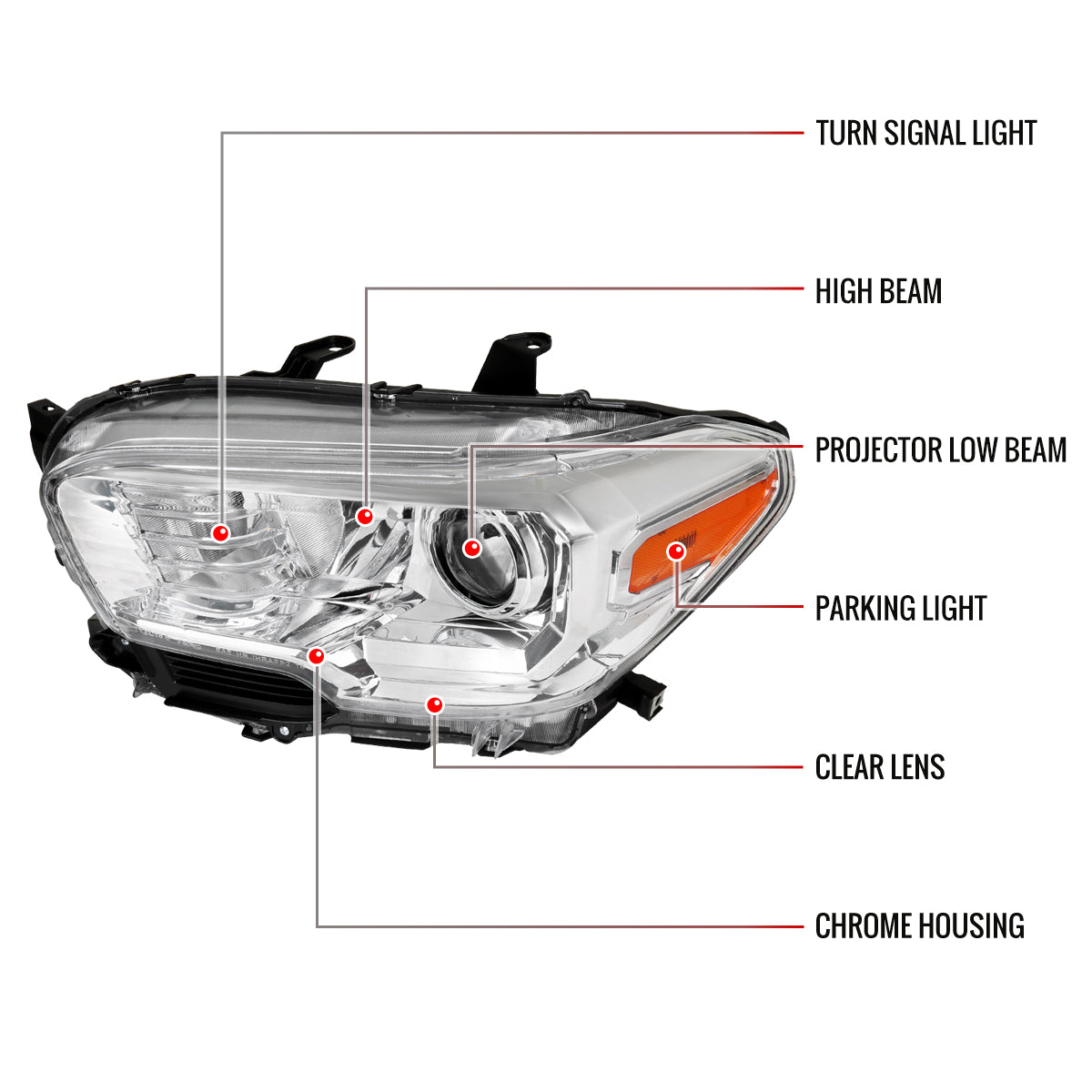 2016-2023 Toyota Tacoma Chrome Housing Clear Lens Projector Headlight - Driver Side Only