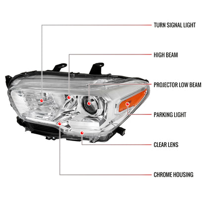 2016-2023 Toyota Tacoma Chrome Housing Clear Lens Projector Headlight - Driver Side Only