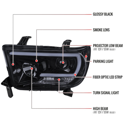 2007-2013 Toyota Tundra/ 2008-2017 Sequoia LED C-Bar Projector Headlights (Glossy Black Housing/Smoked Lens)