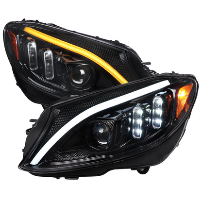 2015-2018 Mercedes-Benz C-Class W205 Switchback Sequential Turn Signal Projector Headlights (Jet Black Housing/Clear Lens)