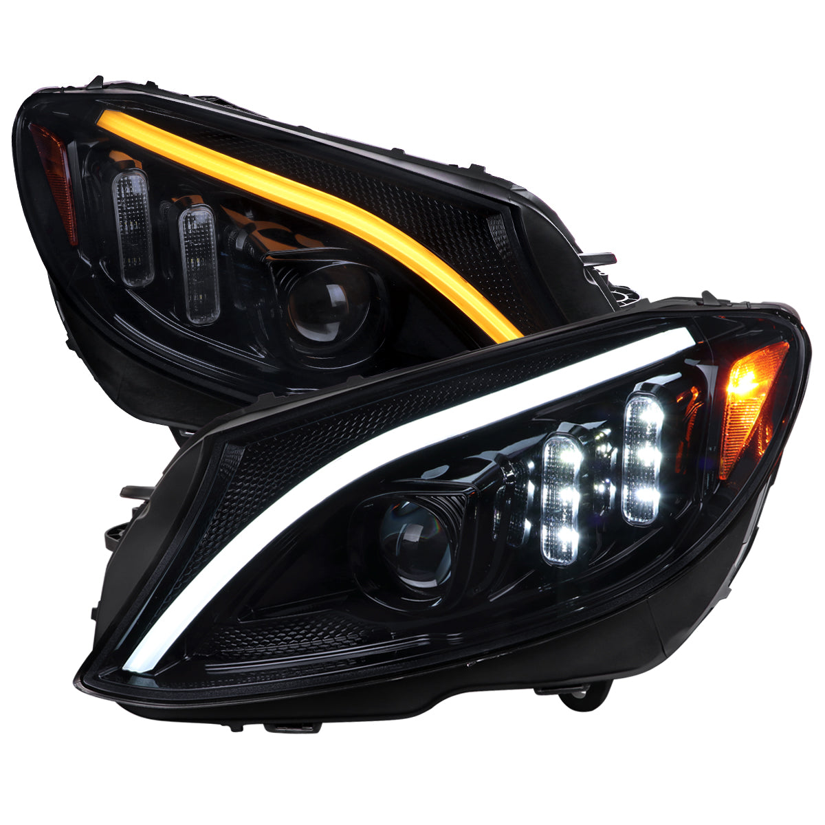 2015-2018 Mercedes-Benz C-Class W205 Switchback Sequential Turn Signal Projector Headlights (Glossy Black Housing/Light Smoked Lens)