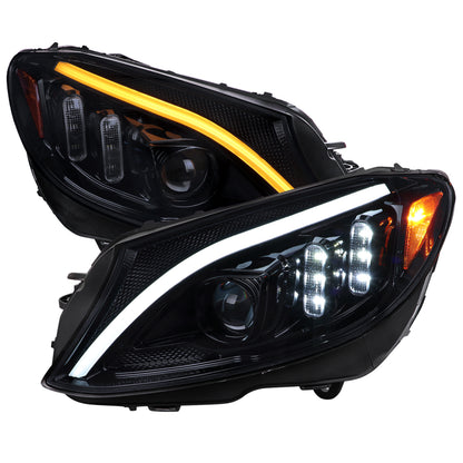 2015-2018 Mercedes-Benz C-Class W205 Switchback Sequential Turn Signal Projector Headlights (Glossy Black Housing/Light Smoked Lens)