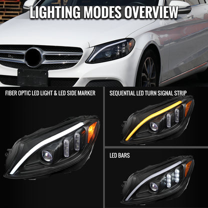 2015-2018 Mercedes-Benz C-Class W205 Switchback Sequential Turn Signal Projector Headlights (Matte Black Housing/Clear Lens)