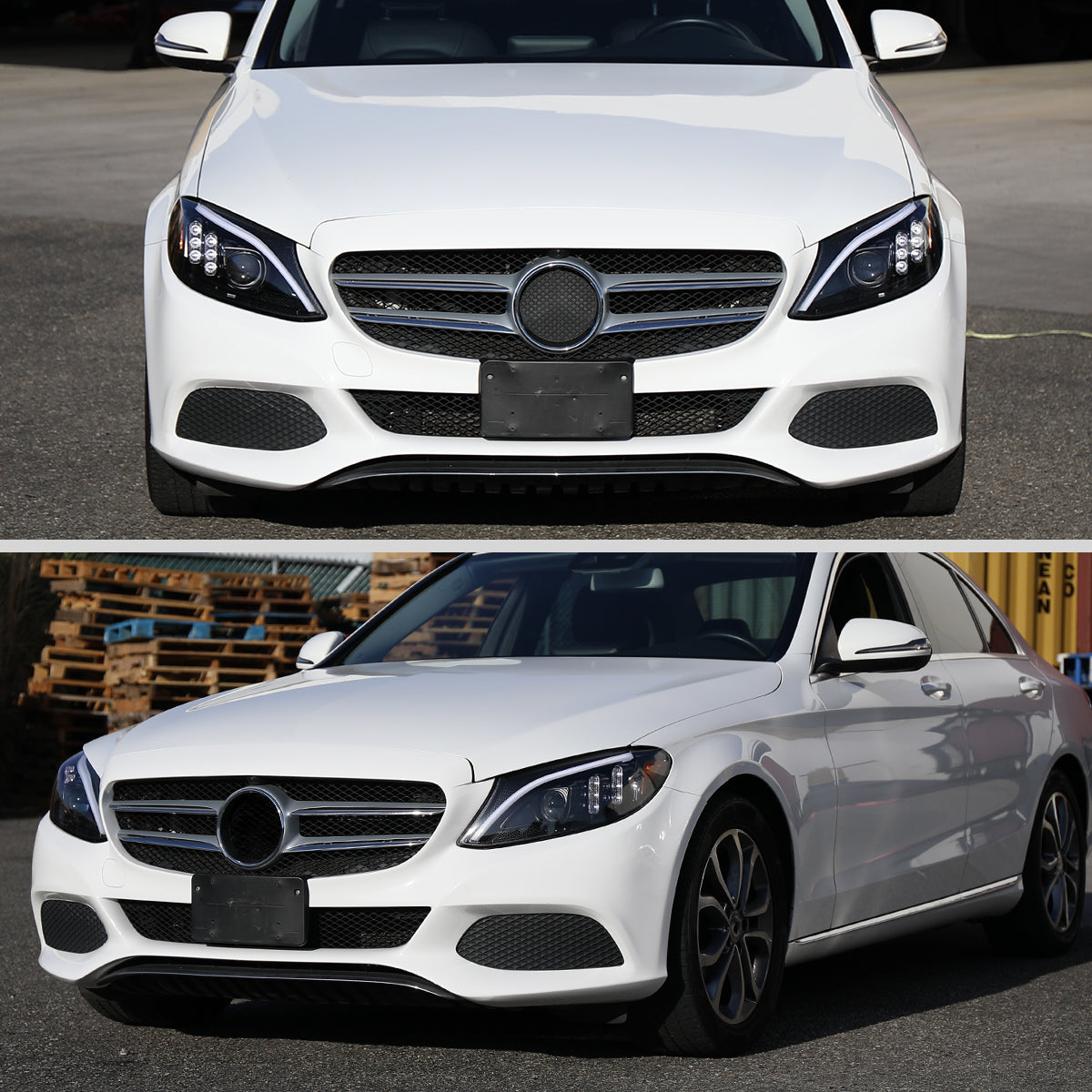 2015-2018 Mercedes-Benz C-Class W205 Switchback Sequential Turn Signal Projector Headlights (Matte Black Housing/Clear Lens)