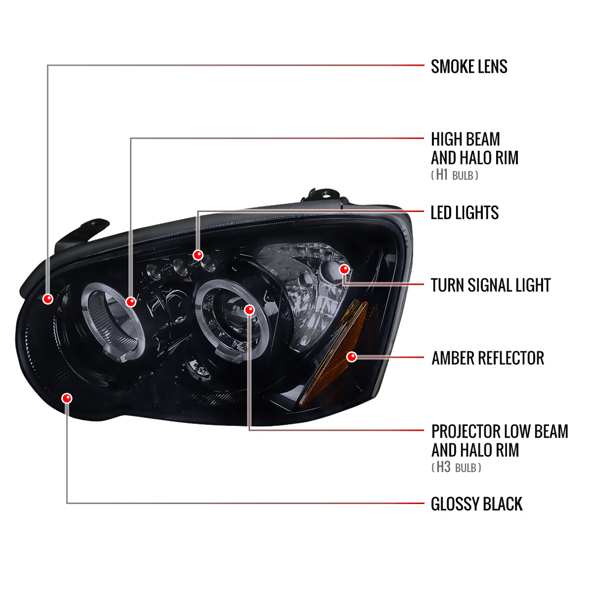 2004-2005 Subaru Impreza WRX/STI Outback Dual Halo Projector Headlights (Glossy Black Housing/Smoked Lens)