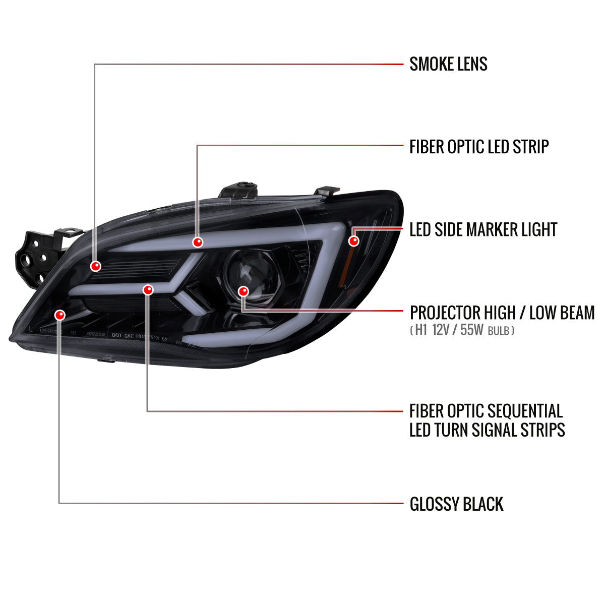 2006-2007 Subaru Impreza WRX STI LED Bar Sequential Turn Signal Projector Headlights (Glossy Black Housing/Smoked Lens)