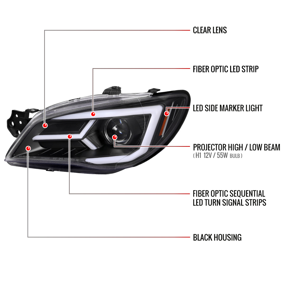 2006-2007 Subaru Impreza WRX STI LED Bar Sequential Turn Signal Projector Headlights (Matte Black Housing/Clear Lens)