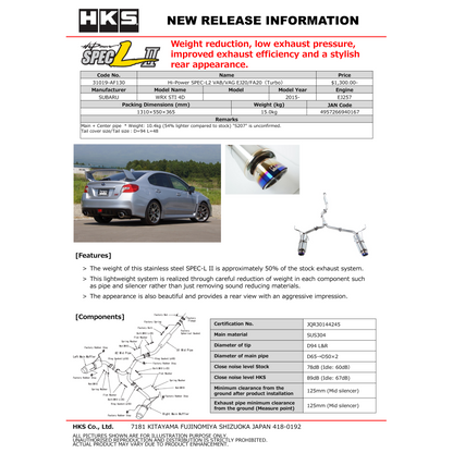 HKS Hi-Power Exhaust SPEC-L2 - Subaru WRX