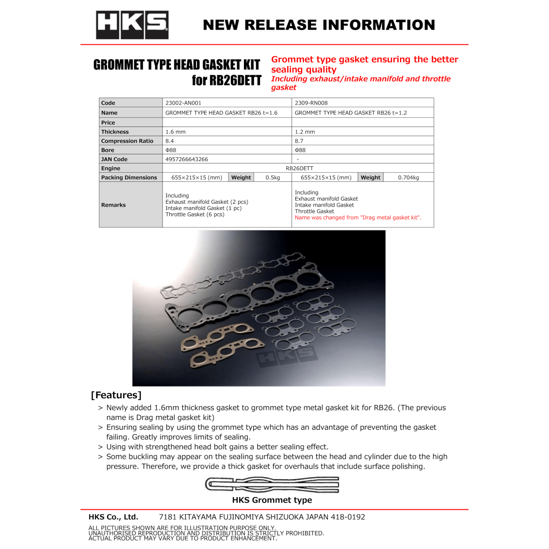 HKS RB26 88mm Bore 1.6mm Thick Grommet Type Head Gasket