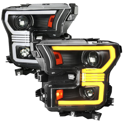 2015??2017 Ford F-150 LED Bar Projector Headlights w/ Switchback Sequential Turn Signals, Amber LED & Pulsing Glow (Black Housing / Clear Lens)