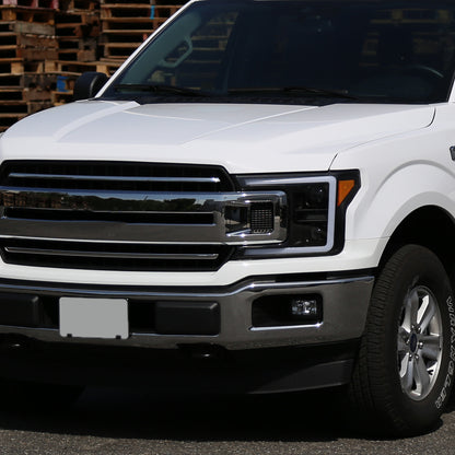 2018-2020 Ford F-150 Amber LED C-Bar Projector Headlights w/ Switchback Sequential Turn Signal Lights (Matte Black Housing / Clear Lens)