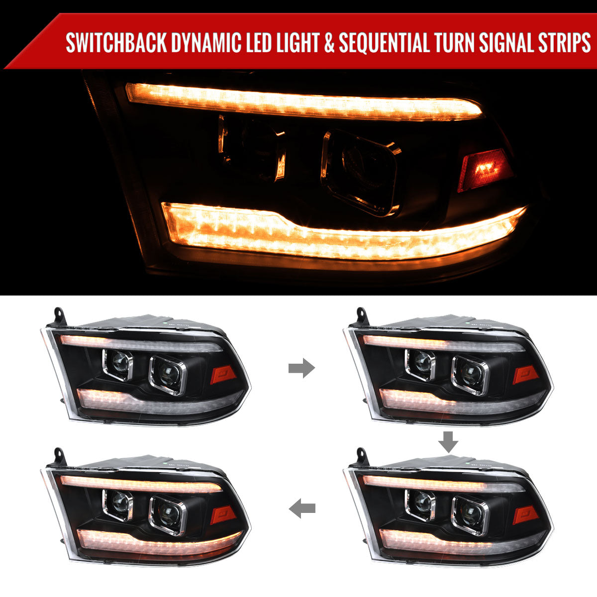 2009-2018 Dodge RAM 1500  / 2019-2021 RAM Classic / 2010-2018 RAM 2500 3500 Amber LED Bar Switchback Sequential Projector Headlights (Matte Black Housing/Clear Lens)