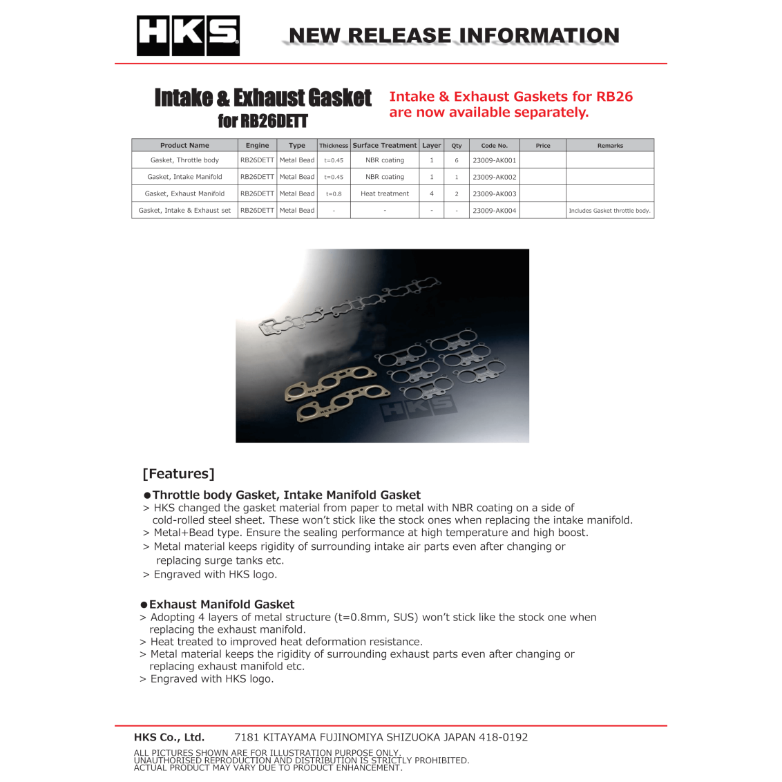 HKS NISSAN RB26DETT INTAKE & EXHAUST GASKETS