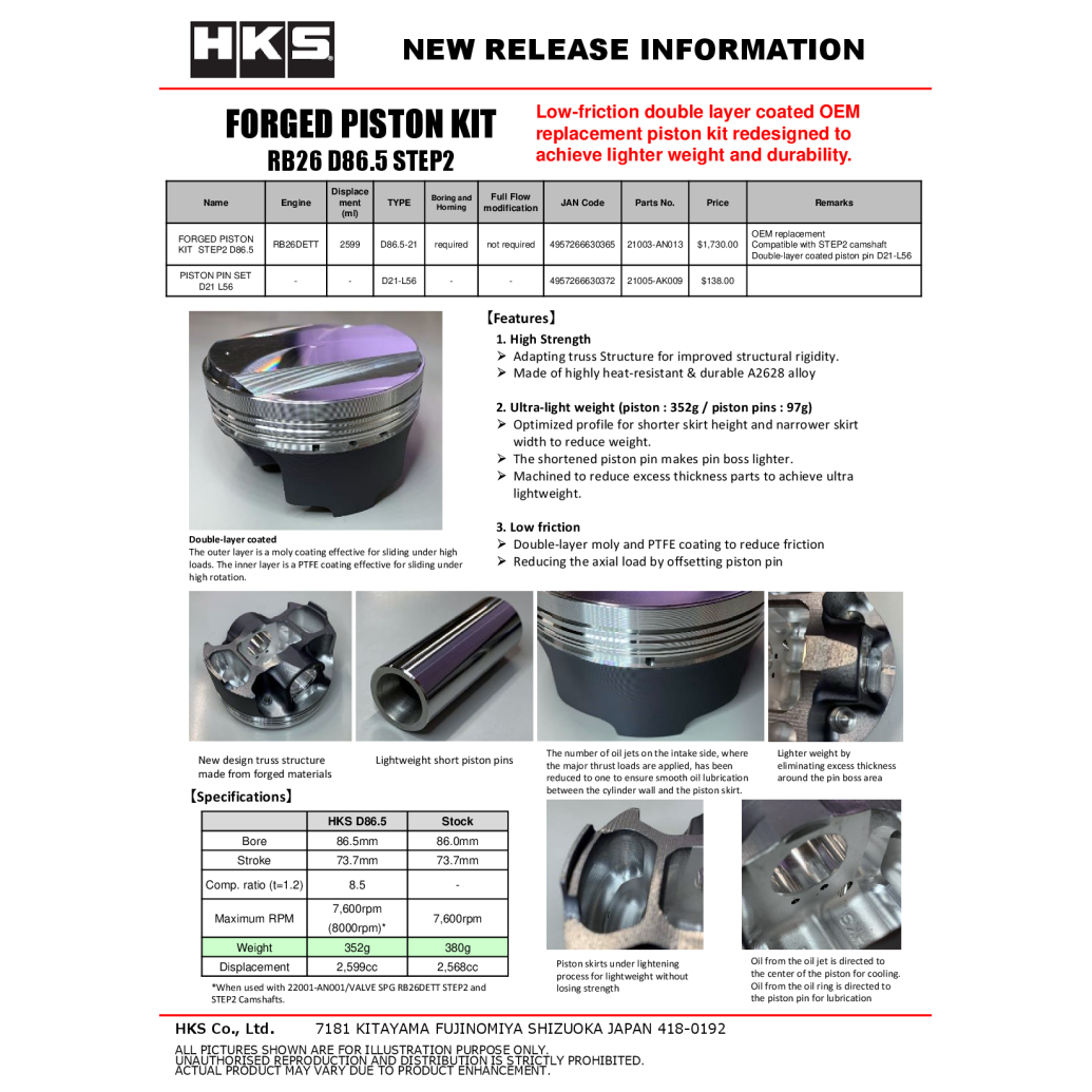 HKS Step2 Forged Piston Kit For RB26 - 86.5mm Bore