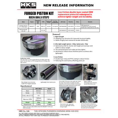 HKS Step2 Forged Piston Kit For RB26 - 86.5mm Bore