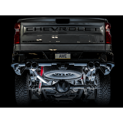 AWE Tuning 4th Gen GM 1500 6.2L 0FG Catback Split Rear Exit (w/ Bumper Cutouts) - Quad Chrome Tips