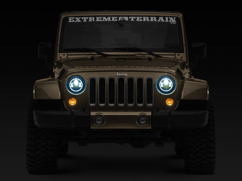 Raxiom 97-18 Jeep Wrangler TJ/JK Axial 7-Inch LED Headlights w/RGB Halo- Black Housing (Clear Lens)