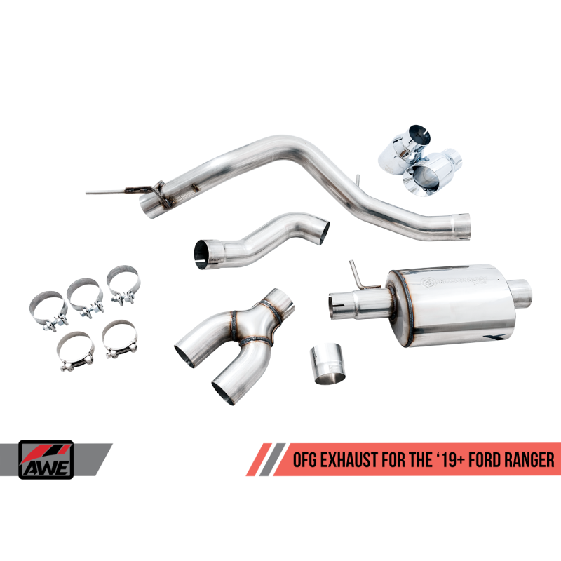 AWE Tuning 2019+ Ford Ranger 0FG Performance Exhaust System w/Chrome Silver Tips & Bash Guard
