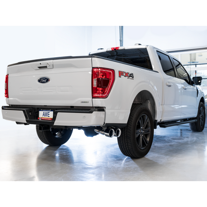 AWE 0FG 21+ Ford F150 Dual Side Exit Cat-Back Exhaust- 4.5in Chrome Silver Tips