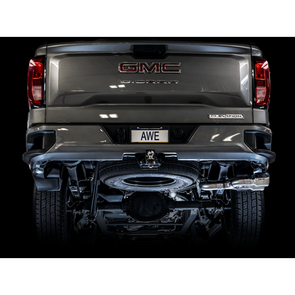 AWE Tuning 4th Gen GM 1500 5.3L 0FG Catback Dual Side Exit (Flat Bumper) - Chrome Tips