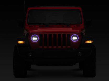 Raxiom 18-22 Jeep Wrangler JL/JT Axial 9-Inch LED Headlights w/RGB Halo- Black Housing (Clear Lens)